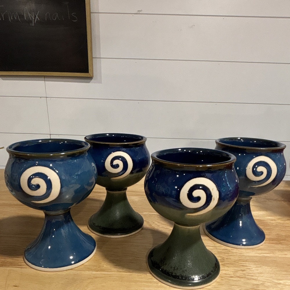 Jack O Patsy Pottery Handmade Ireland Blue & Green Spiral Pedestal Goblets Set 4